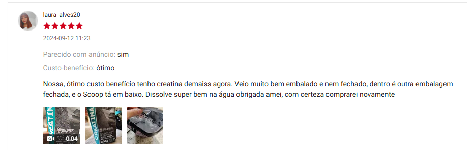 Avaliação de cliente sobre a Creatina Soldiers